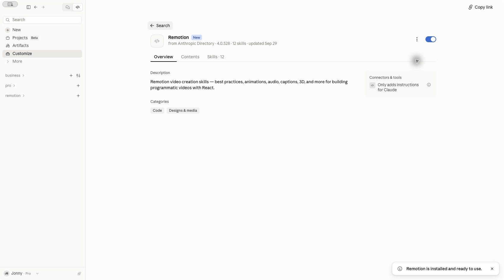 The installed Remotion plugin with its switch enabled and the installation confirmation visible